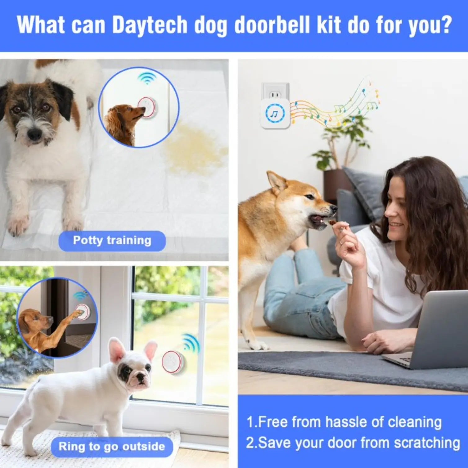 Smart Dog Doorbell with 3 Buttons, Custom Ringtones & Adjustable Volume