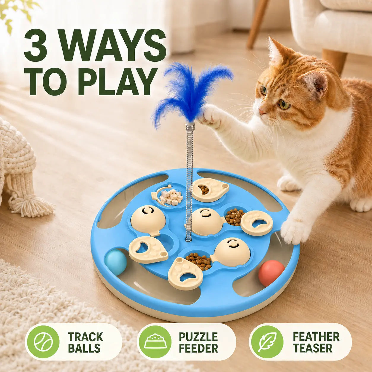 3-in-1 Thermoplastic Interactive Cat Puzzle Feeder - Track Balls, Feather Teaser, Non-Slip Treat Dispenser for Indoor Cats’ Enrichment Play, Treat Feeder