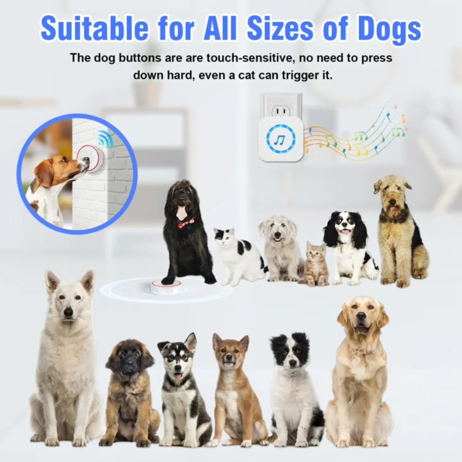 Smart Dog Doorbell with 3 Buttons, Custom Ringtones & Adjustable Volume