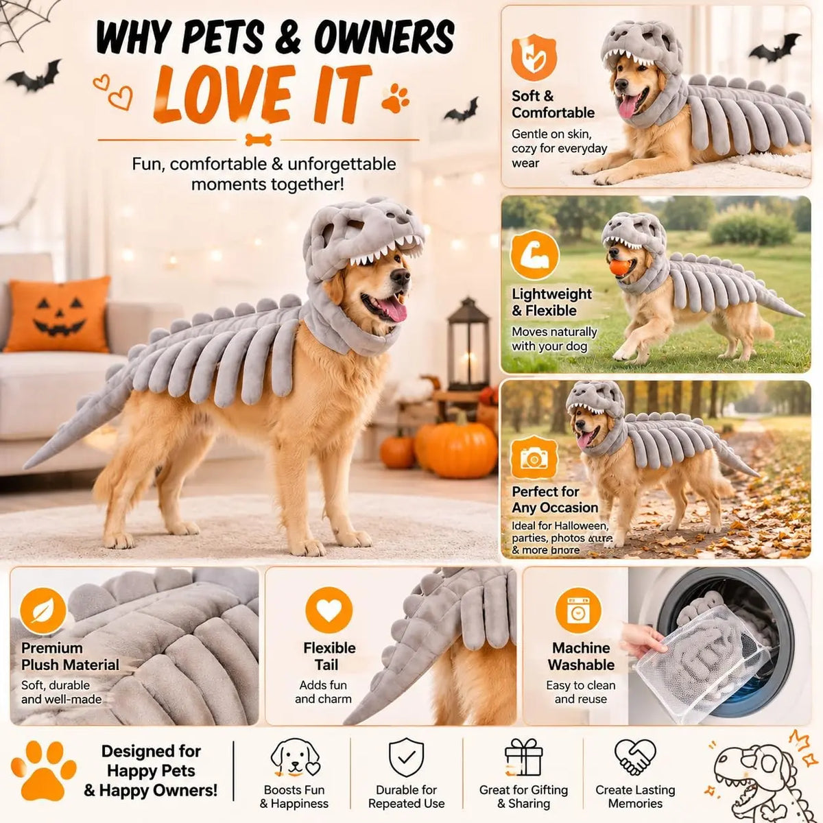 Pet Halloween Dog Costume with Dinosaur Skeleton - Large Plush Role Play Dress