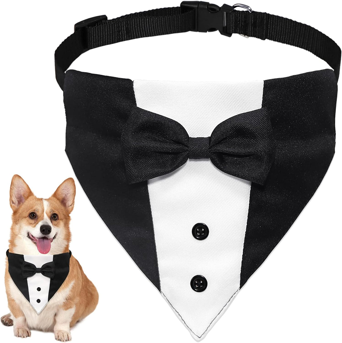 Dog Tuxedo Suit Wedding Bandana Collar with Bow Tie, Adjustable Formal Dog Tux, Engagement Birthday Tuxedo for Small Medium Large Dogs Pets (Large: Neck 15”-25”)