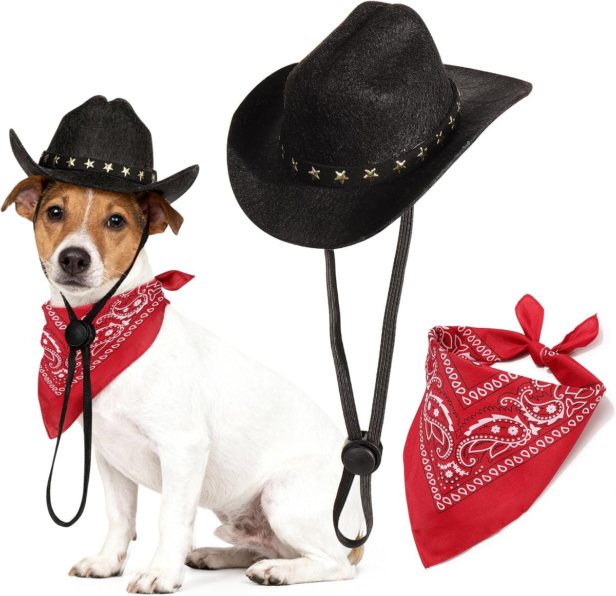 Pet Cowboy Costume, Dog Cowboy Hat with Bandana Scarf, Adjustable Cat Cowboy Hat for Party Cosplay Christmas, Halloween Cowboy Costumes for Small Pet Dogs Cats (Brown, Small)