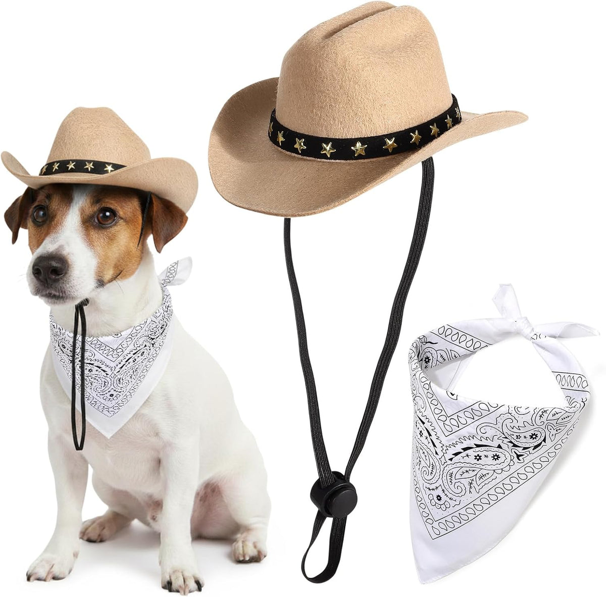 Pet Cowboy Costume, Dog Cowboy Hat with Bandana Scarf, Adjustable Cat Cowboy Hat for Party Cosplay Christmas, Halloween Cowboy Costumes for Small Pet Dogs Cats (Brown, Small)