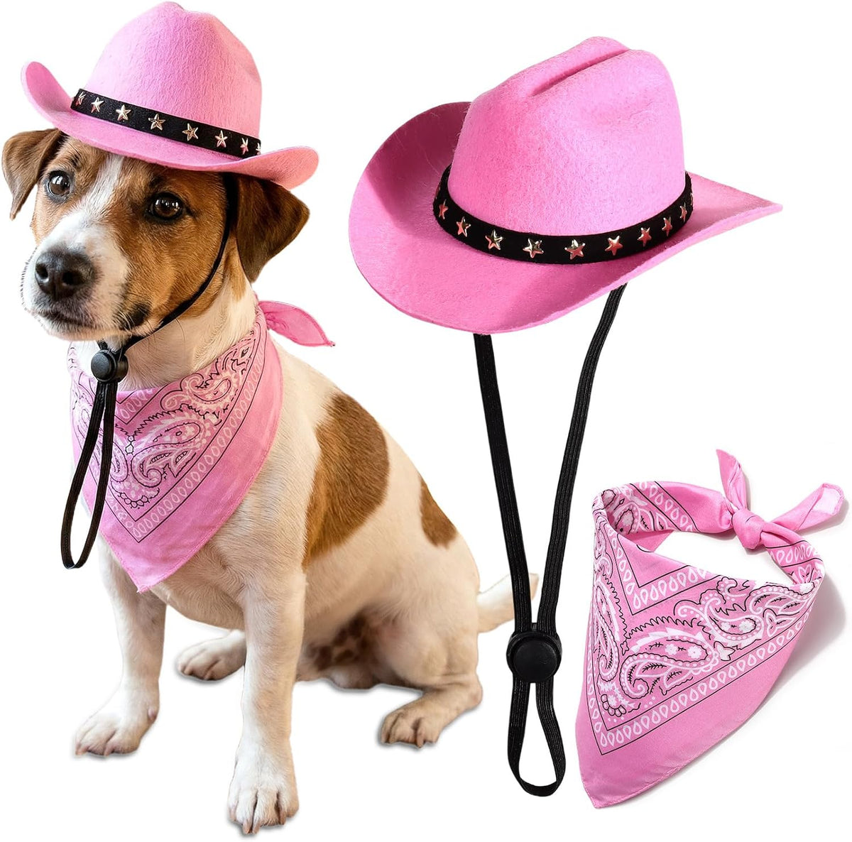 Pet Cowboy Costume, Dog Cowboy Hat with Bandana Scarf, Adjustable Cat Cowboy Hat for Party Cosplay Christmas, Halloween Cowboy Costumes for Small Pet Dogs Cats (Brown, Small)