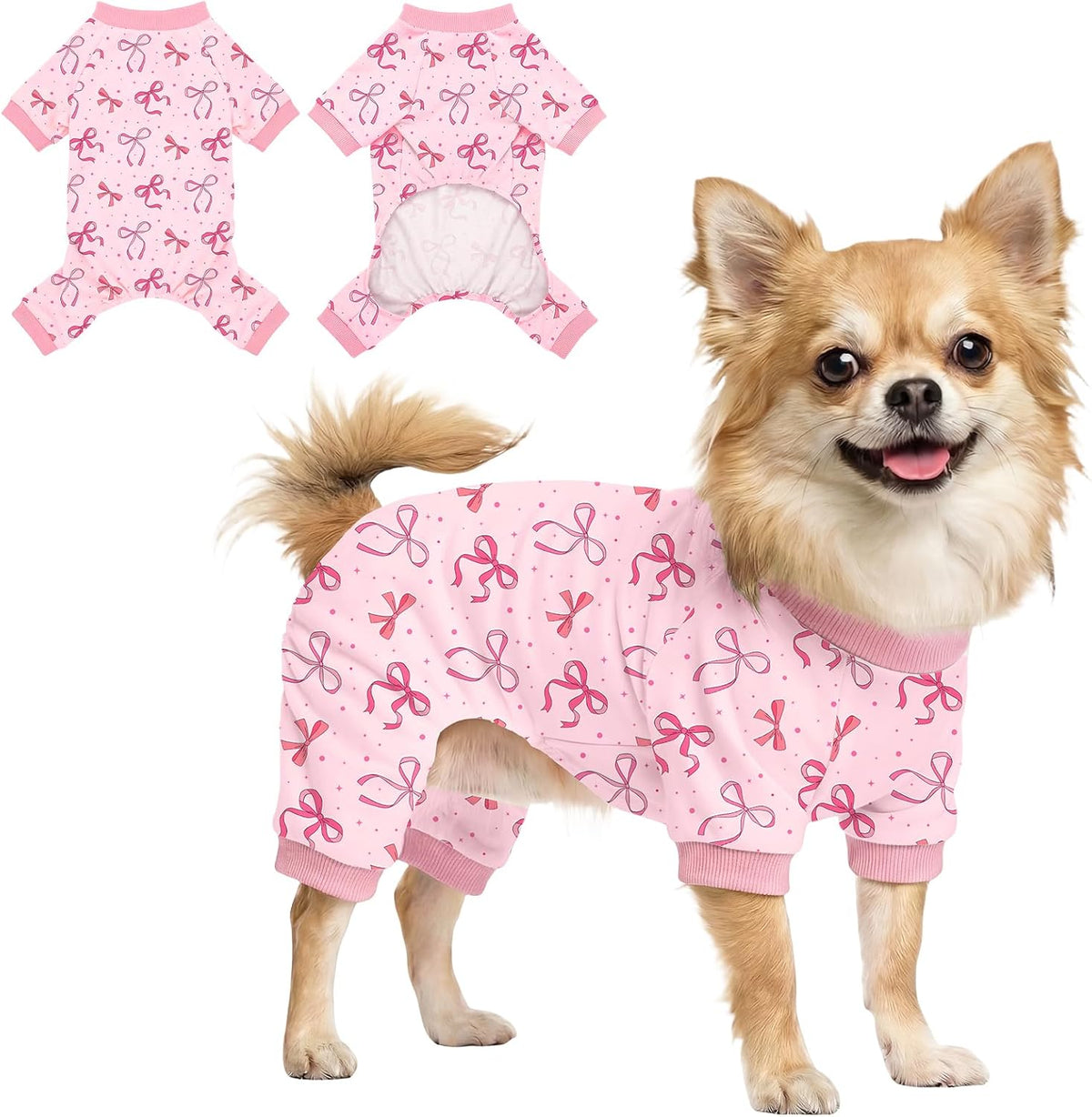 Dog Pajamas for Small Medium Dogs Pjs Pink Bow Dog Onesie Breathable Puppy Pj Pet Stretchy Soft Sleepwear for Spring Summer Costume-S