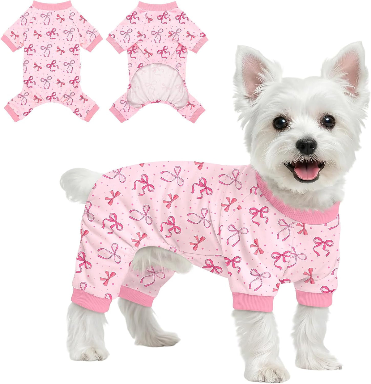 Dog Pajamas for Small Medium Dogs Pjs Pink Bow Dog Onesie Breathable Puppy Pj Pet Stretchy Soft Sleepwear for Spring Summer Costume-S