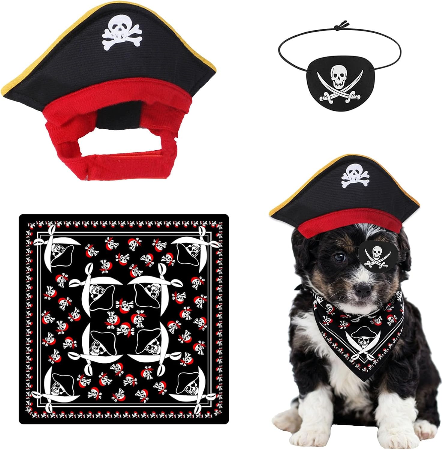 Costume de pirate pour chien - Costume d'Halloween amusant - Chapeau et bandana pour Halloween, Noël, chien, chat, cosplay, cadeau de rôle - Fournitures de fête à thème