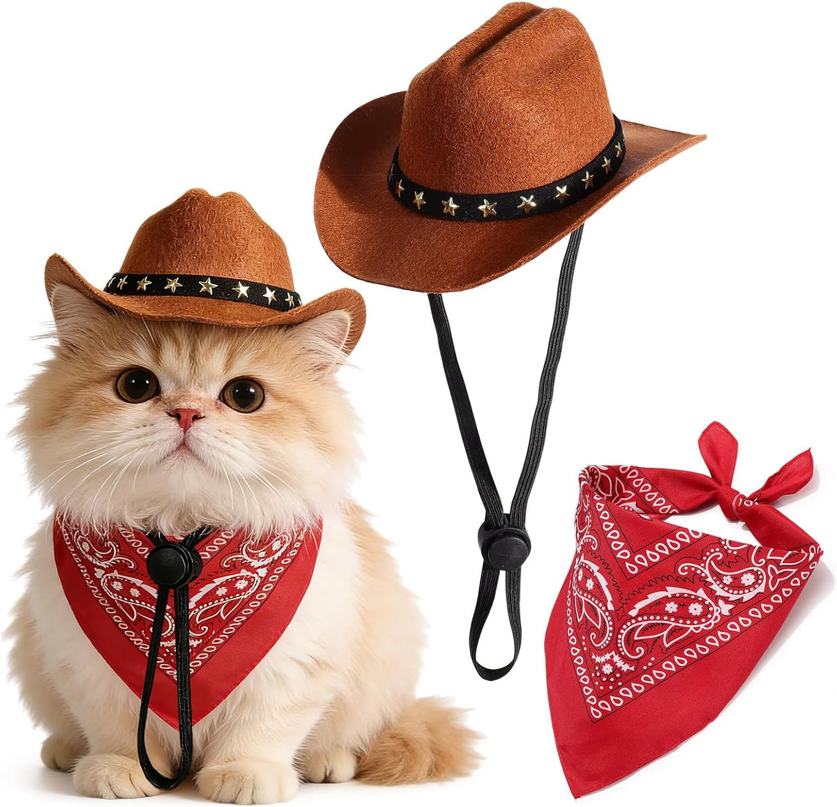 Pet Cowboy Costume, Dog Cowboy Hat with Bandana Scarf, Adjustable Cat Cowboy Hat for Party Cosplay Christmas, Halloween Cowboy Costumes for Small Pet Dogs Cats (Brown, Small)