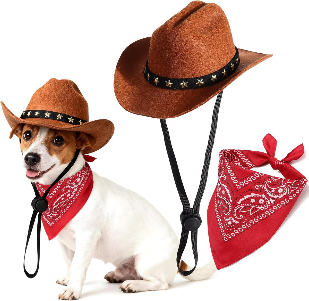 Pet Cowboy Costume, Dog Cowboy Hat with Bandana Scarf, Adjustable Cat Cowboy Hat for Party Cosplay Christmas, Halloween Cowboy Costumes for Small Pet Dogs Cats (Brown, Small)