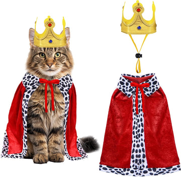 Cat Halloween Costumes, Pet Cat King Costume King Red Cloak Golden Crown Set Halloween King Prince Costumes for Cats Kitty Small Dogs