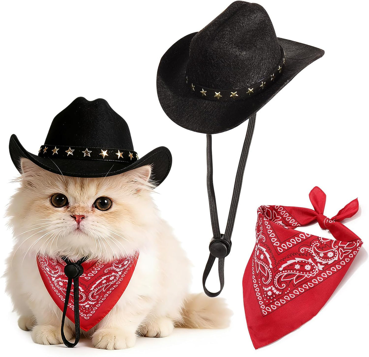 Pet Cowboy Costume, Dog Cowboy Hat with Bandana Scarf, Adjustable Cat Cowboy Hat for Party Cosplay Christmas, Halloween Cowboy Costumes for Small Pet Dogs Cats (Brown, Small)