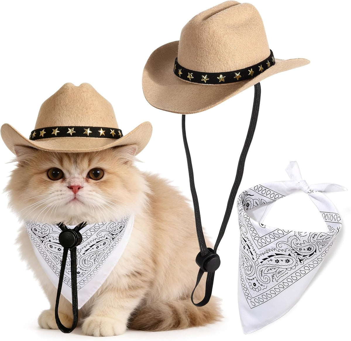 Pet Cowboy Costume, Dog Cowboy Hat with Bandana Scarf, Adjustable Cat Cowboy Hat for Party Cosplay Christmas, Halloween Cowboy Costumes for Small Pet Dogs Cats (Brown, Small)