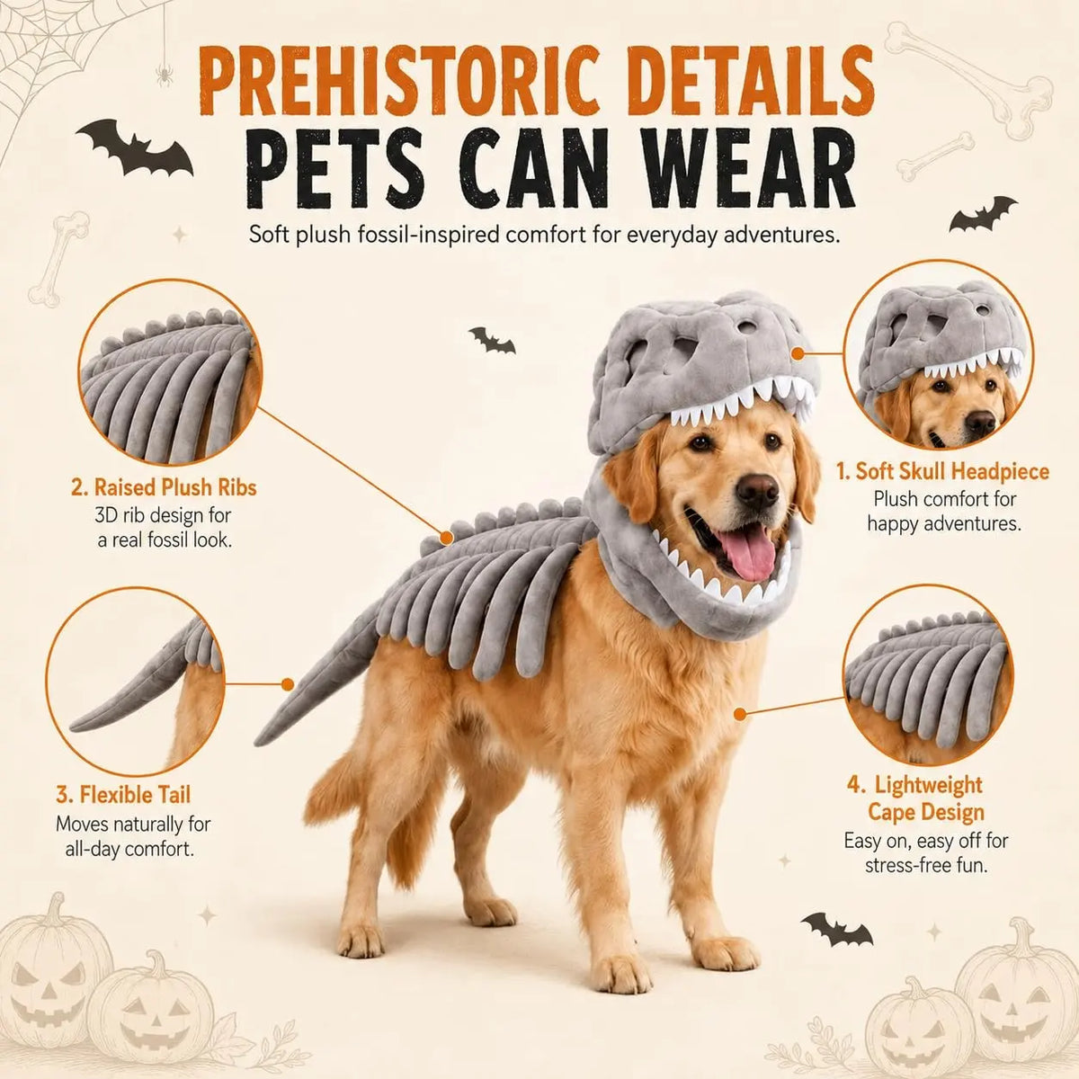 Pet Halloween Dog Costume with Dinosaur Skeleton - Large Plush Role Play Dress