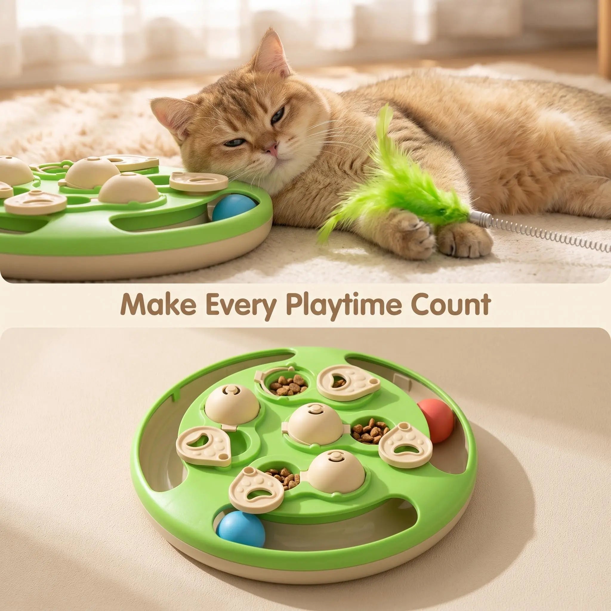 3-in-1 Thermoplastic Interactive Cat Puzzle Feeder - Track Balls, Feather Teaser, Non-Slip Treat Dispenser for Indoor Cats’ Enrichment Play, Treat Feeder