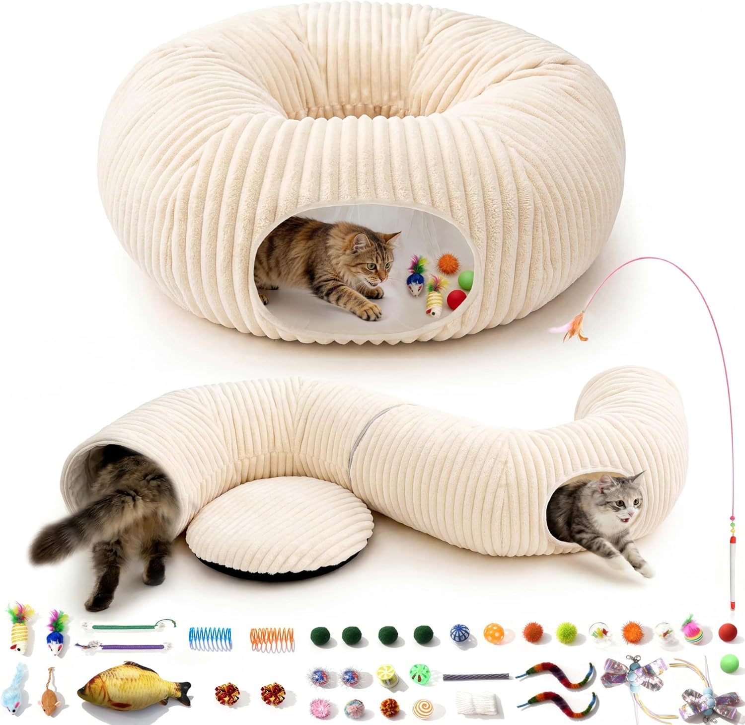 Cat Tunnel Bed with 40 Pcs Interactive Cat Toys, White