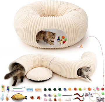 Cat Tunnel Bed with 40 Pcs Interactive Cat Toys, White