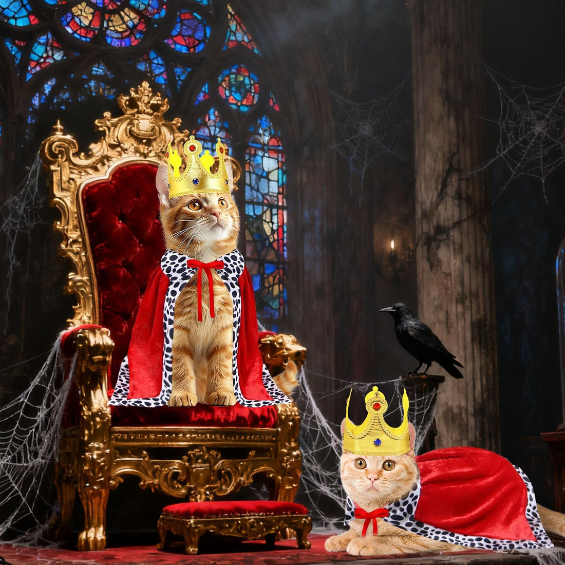 Cat Halloween Costumes, Pet Cat King Costume King Red Cloak Golden Crown Set Halloween King Prince Costumes for Cats Kitty Small Dogs
