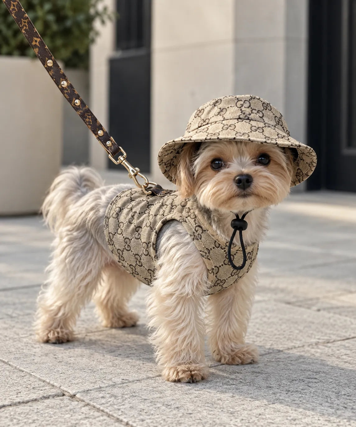 Trendy Dog Harness & Leash Set – GG Letter Print Vest for Small Dogs Designer