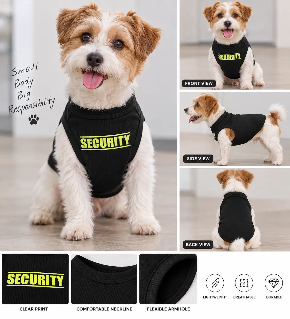 Discover Cozy Cotton Canine Wear: Soft, Lightweight, and Breathable Dog Shirt Vest with Eye-Catching Graphics(Security), Keeping Your Furry Friend Warm and Comfy! Black M