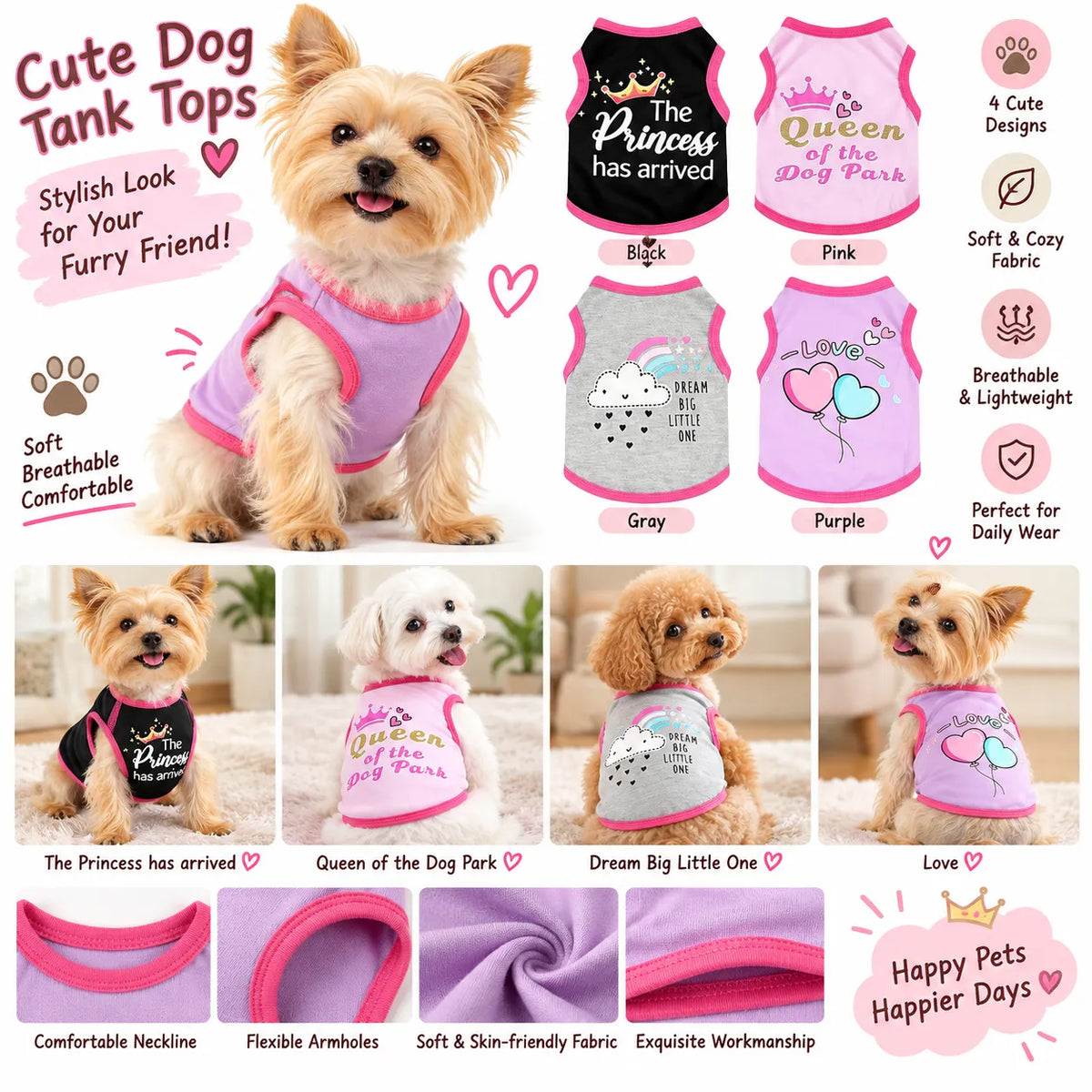4 Pieces Dog Clothes for Small Dogs Boy Dog Shirt Puppy Clothes for Chihuahua Yorkie Soft Cute Pattern Pet Cat Clothing Black Grey Red Green XXS~M (XXSmall)