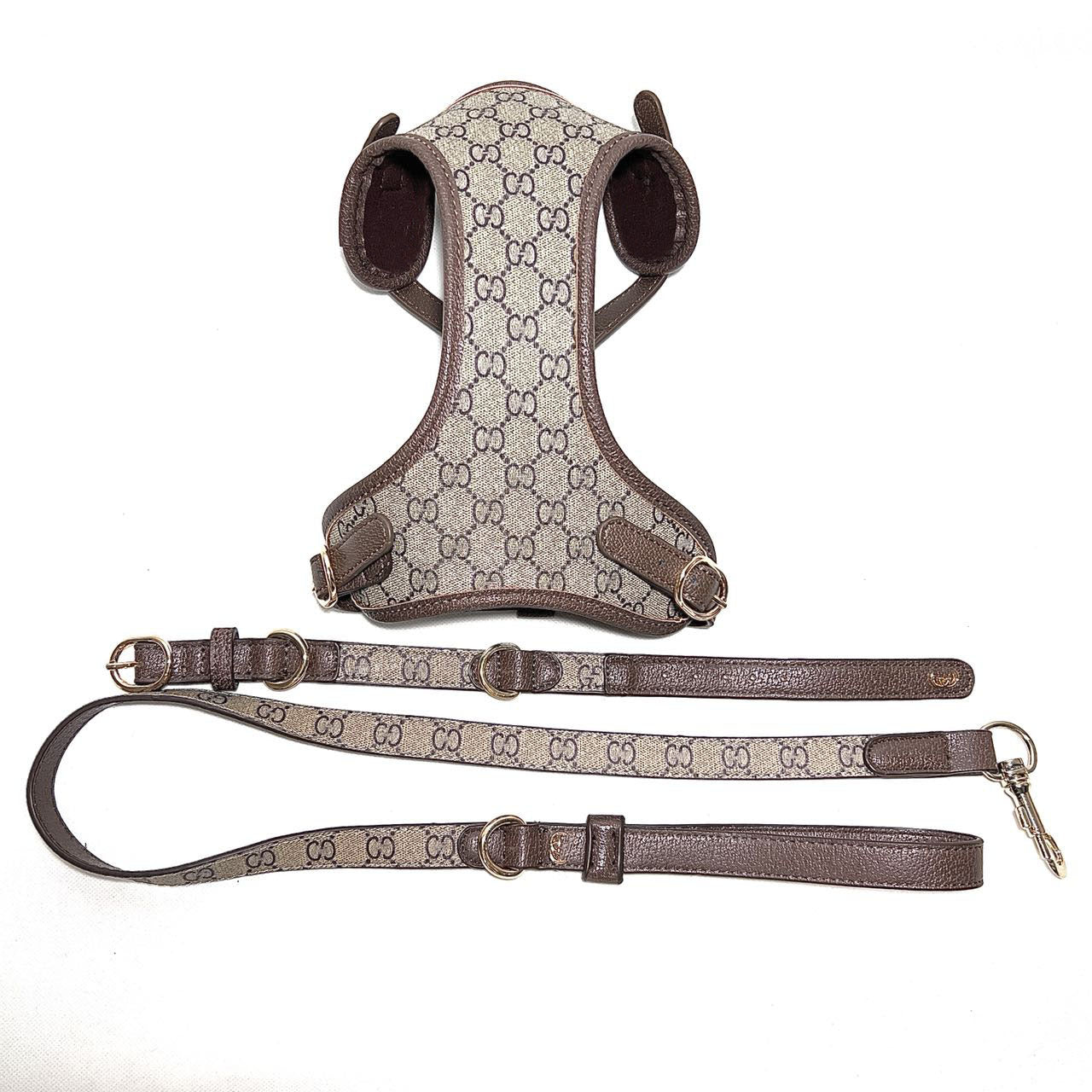 Pet dog harness collar set leather fashion brand French Dou GG Corgi Schnauzer leash harness vest style cat