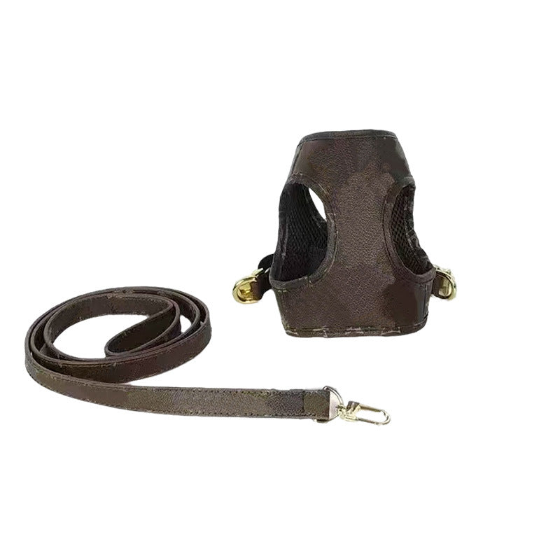 Trendy brand pet dog traction leather dog chest and back traction rope French Dou Corgi Teddy leather chest and back dog leash set