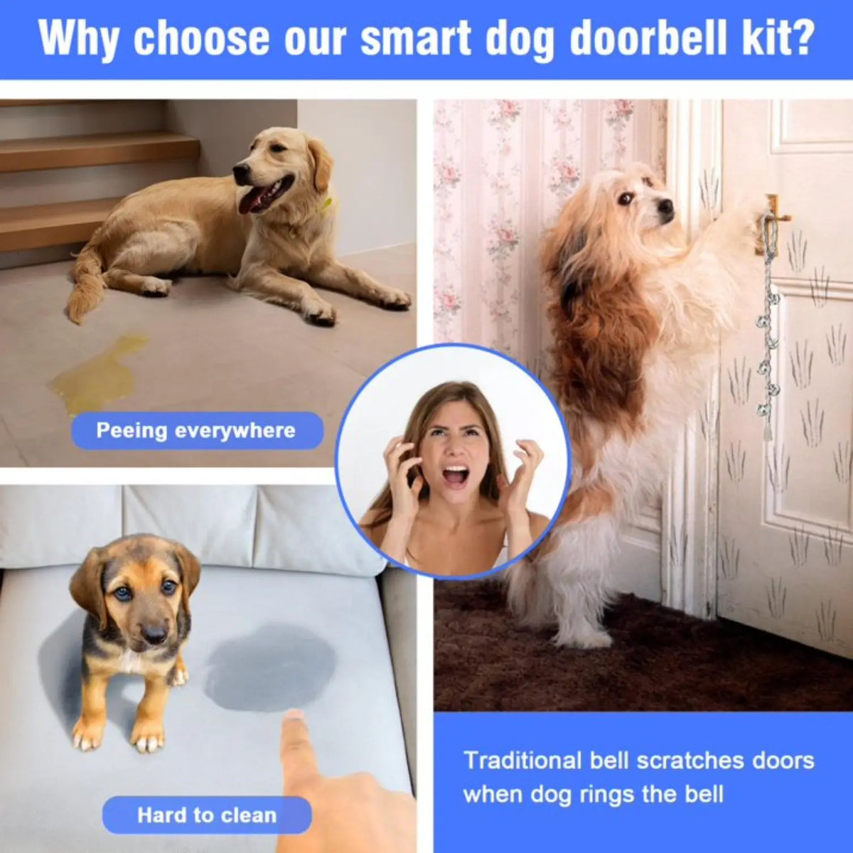 Smart Dog Doorbell with 3 Buttons, Custom Ringtones & Adjustable Volume