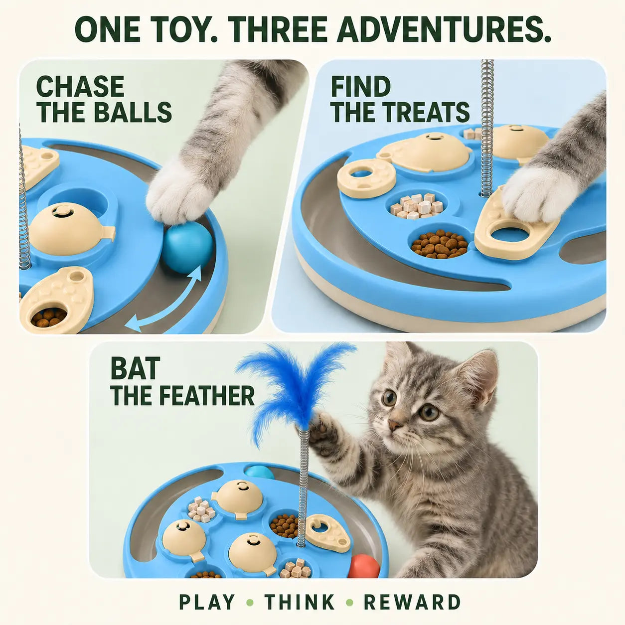 3-in-1 Thermoplastic Interactive Cat Puzzle Feeder - Track Balls, Feather Teaser, Non-Slip Treat Dispenser for Indoor Cats’ Enrichment Play, Treat Feeder