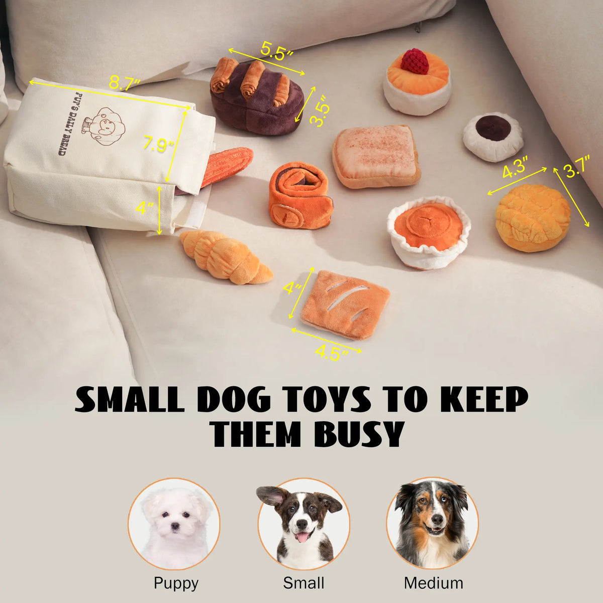 Nocciola 10-Pack Bread Plush Dog Toys for Small Dogs