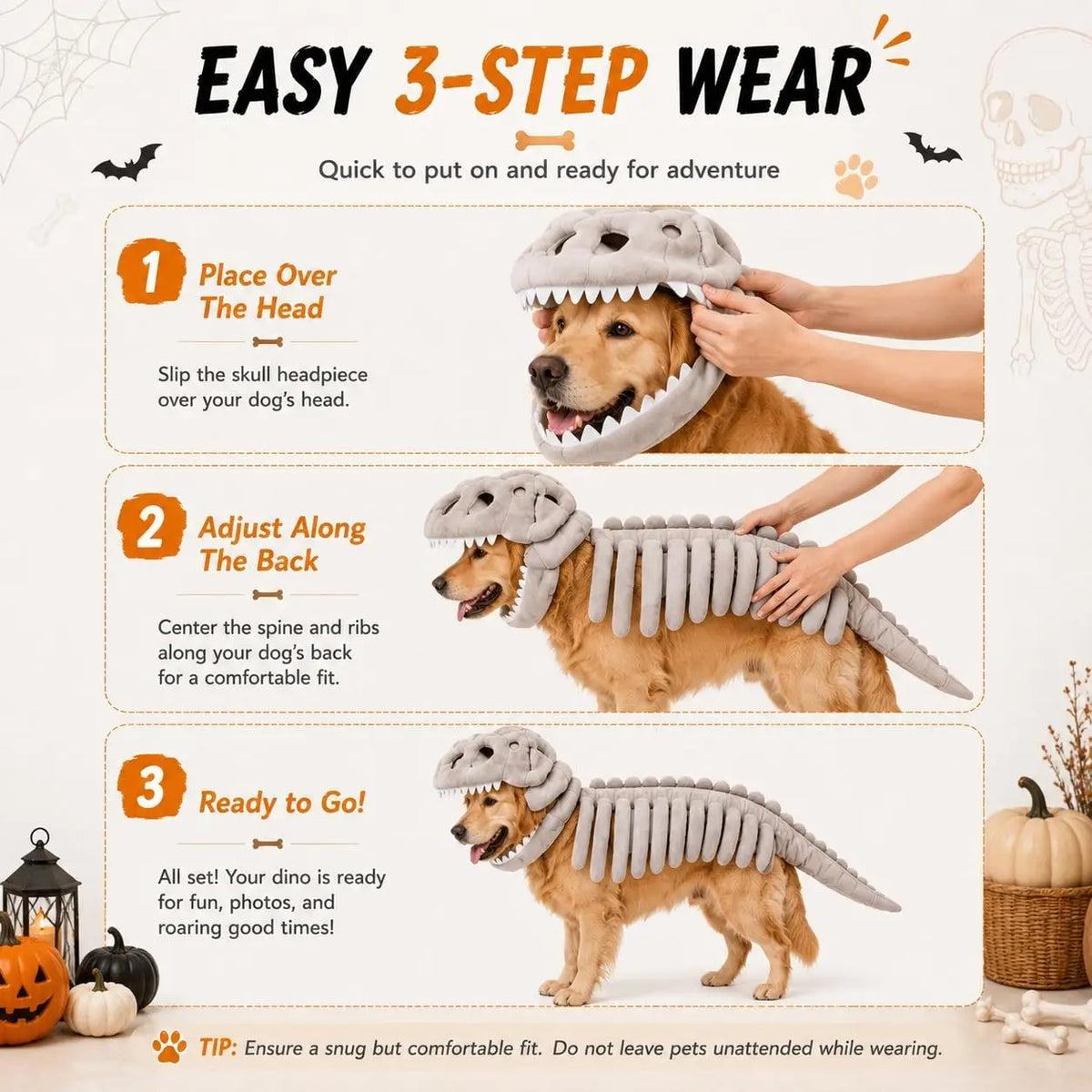 Pet Halloween Dog Costume with Dinosaur Skeleton - Large Plush Role Play Dress